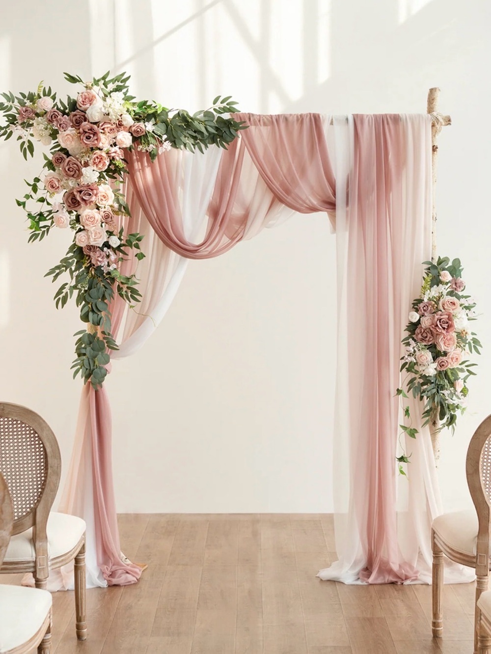 Ling’s Moments Elegant Dusty Pink and Cream Wedding Arch Drapery with Flowers
